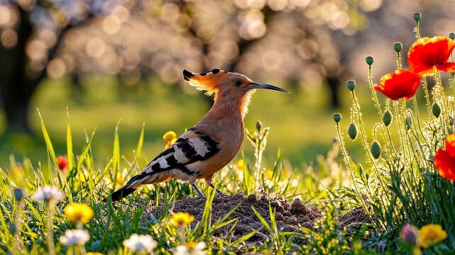 Captivating Upupa epops Foraging in a Meadow on a Sunny Spring Day Landscape