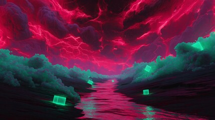 Surreal Landscape with Glowing Cubes and Red Sky: A Dreamy Journey