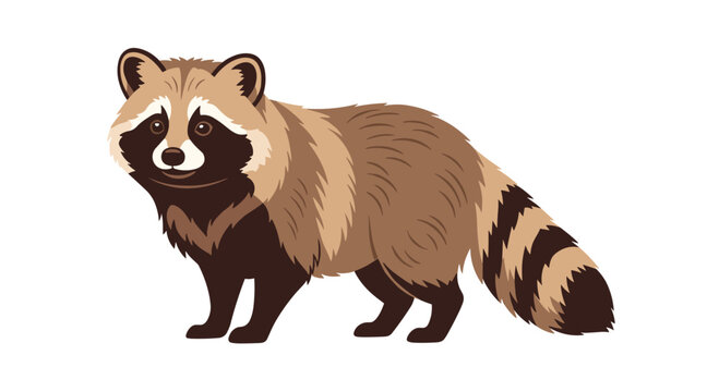 Charming raccoon dog or tanuki stands sideways with its signature masked face and fluffy striped tail on a plain white surface.