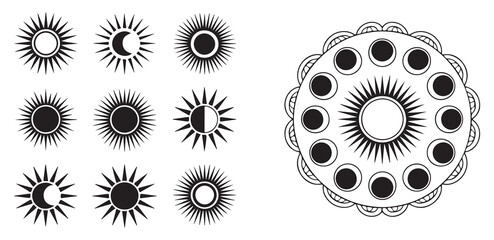 Sun and moon phases icons set sun with rays and celestial cycle decoration © MSTALIMA