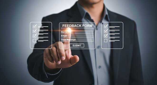 Man using feedback form online survey customer satisfaction questionnaire digital interface tech