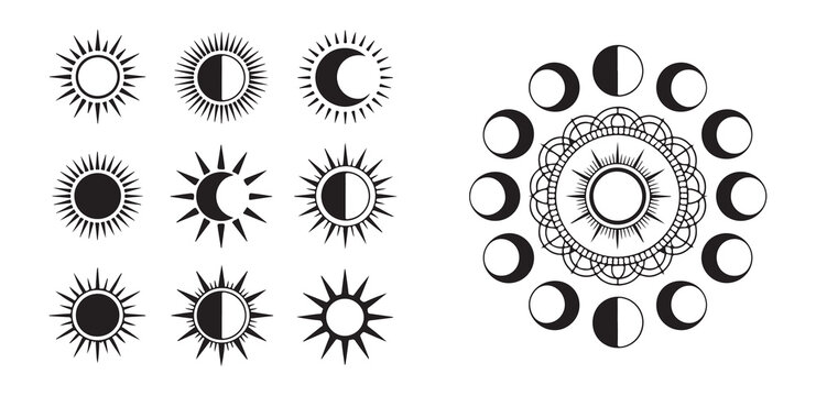 Solar and lunar eclipse cycles illustration set with phases of moon and decorative celestial designs