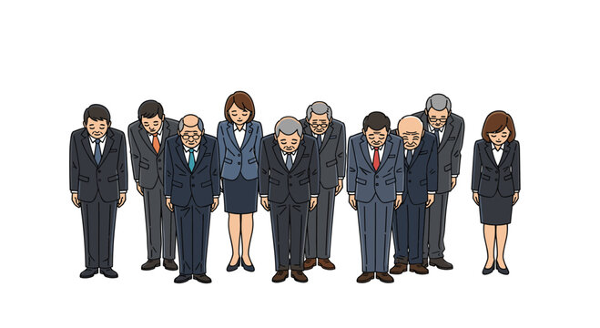 Large group of men and women in formal business suits bowing deeply in unison to show respect or offer an apology.