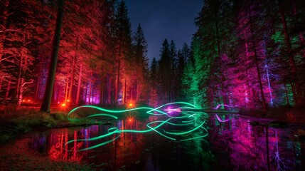 Enchanted Forest: Glowing Lights and Reflections in a Dark Wilderness Pond