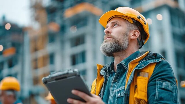 Focused Construction Supervisor: A seasoned construction supervisor, clad in a hardhat, surveys a high-rise building site, his gaze fixed on the task ahead. Holding a clipboard.