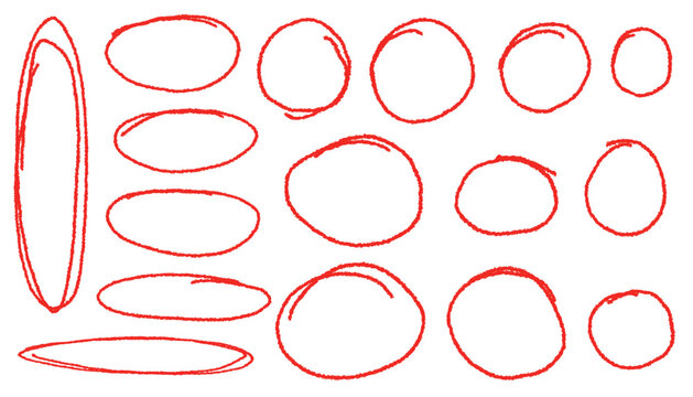 Doodle round shapes. Red hand drawn marker red circles round set. Crayon circle highlight, freehand ovals doodle. Chalk pencil ellipse frames. Round shapes in sketch style on white background