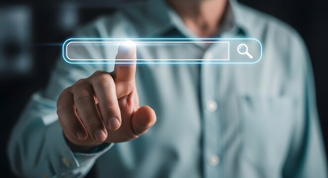 Man using search bar interface for online search and web browsing internet search technology