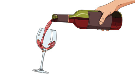 Red wine being poured from a glass bottle into a clear wine glass held by a human hand against a white background.