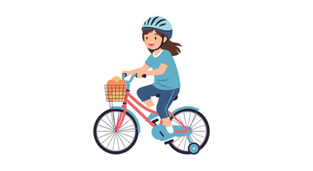 Young girl wearing a helmet happily riding a red bicycle with a front basket filled with fresh bread on a white background.