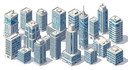 Isometric illustration of a modern city center featuring various glass skyscrapers and corporate office buildings in a group.