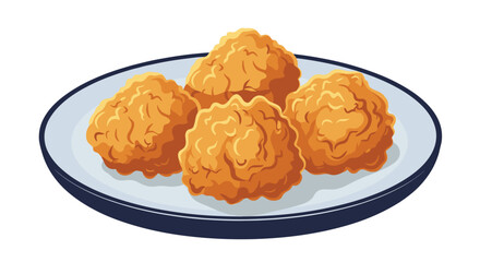 Plate of four crispy golden brown fried meatballs or chicken nuggets served on a simple blue rimmed white plate.