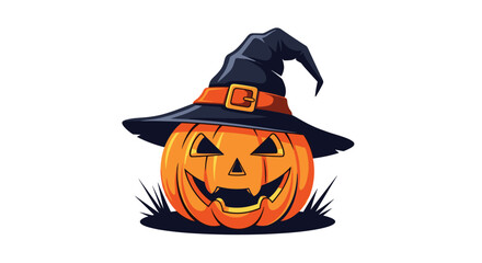 Spooky Halloween jack-o-lantern pumpkin with a smiling face wearing a dark witch's hat decorated with an orange buckle.