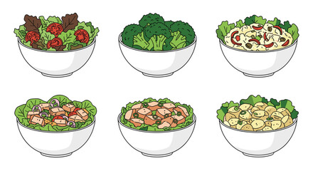 Collection of six various healthy salad bowls featuring leafy greens, broccoli, potato salad, and protein toppings on white.