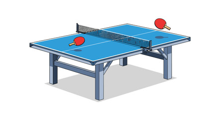 Blue table tennis table equipped with a net and two red paddles ready for a competitive match on a white background.
