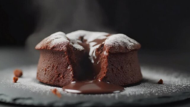 Indulgent and steaming warm chocolate lava cake, beautifully dusted with powdered sugar, showcasing its luscious molten center on a dark plate, a true dessert delight