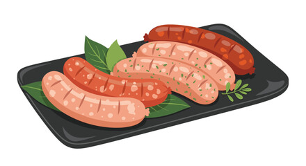 Assortment of five different types of grilled sausages served on a dark plate and garnished with green leaves for an appetizer.