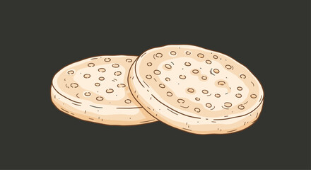 Two round light colored crackers or biscuits with small holes on the surface shown against a dark grey background.