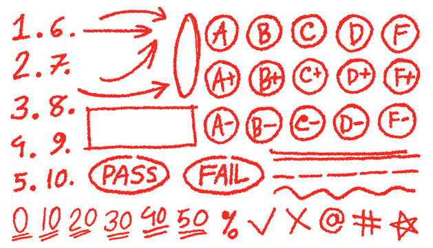 Exam grade test red pen mark set. Handwritten scribble marker academic symbols. Crayon school test results different hand drawn signs concept. Teacher scores of student homework. Checkbox, tick, cross