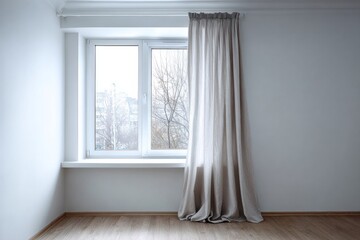 Fototapeta premium Minimalist interior with a large window and neutral curtains.