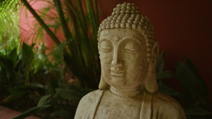 Buddha statue surrounded by lush tropical greenery at a serene resort, creating a peaceful atmosphere in the tranquil hotel garden setting.