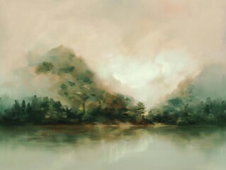 Serene Lakeside Forest Landscape Painting Impressionistic Atmosphere Calm