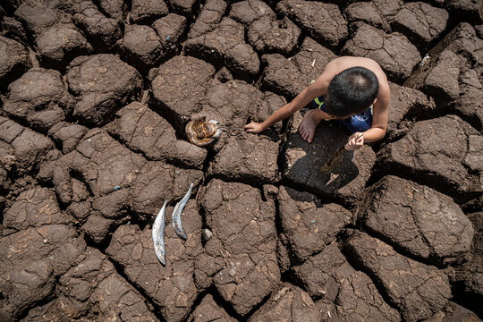 View of a boy on cracked earth with fish and food, highlighting the stark contrast of survival and scarcity, Bac Lieu, Mekong Delta, Vietnam.