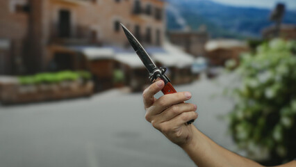 Man holding knife in hand on street in urban town setting, focusing on weapon, male presence, with blurred buildings in background, conveying suspenseful outdoor scene.