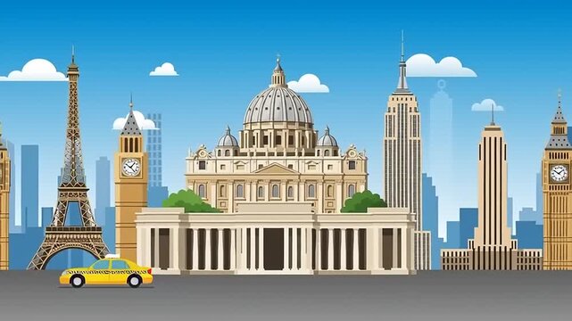 Famous Landmarks Cityscape Animation with Vehicles.