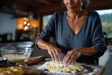 In a rustic kitchen, a woman is focused on shaping dough surrounded by a warm, inviting atmosphere that showcases the art of homemade cooking and creativity.