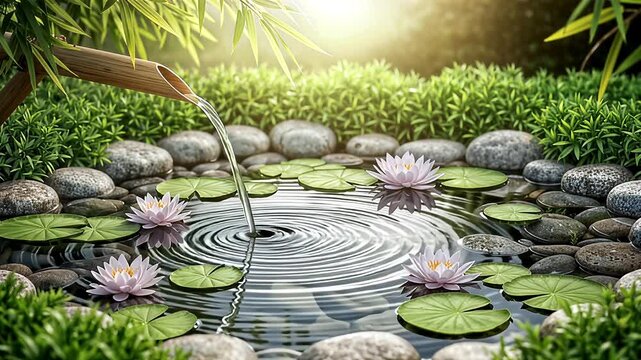 Zen garden bamboo water spout pouring into pond with lilies stones and tranquil nature background
