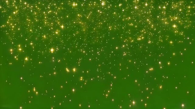 Golden sparkles on a green background with shining stars and light effects