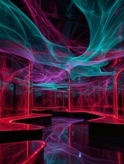 Surreal Neon Dreamscape: Abstract Space with Reflective Platforms and Lights