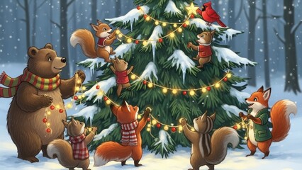 Forest animals decorating Christmas tree illustration