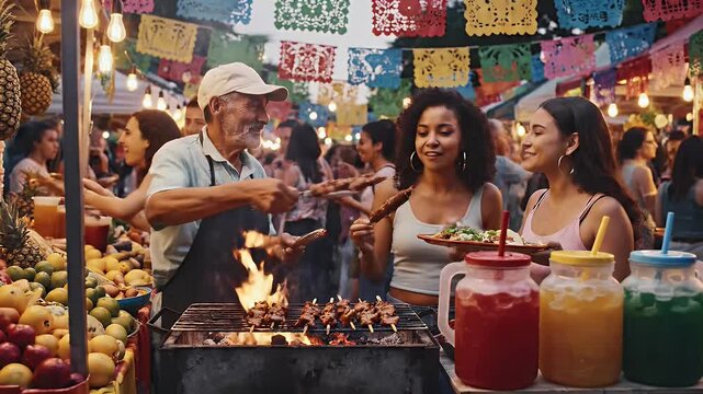 Woman serving food at a lively outdoor event