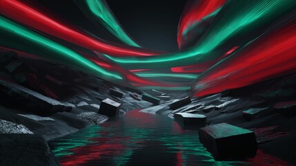 Futuristic Landscape With Red And Green Streaks Over A Reflective Waterway