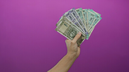 Caucasian man holding indian rupee banknotes in hand against a vibrant pink wall, showcasing...