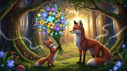 Mother fox and baby with large flowers