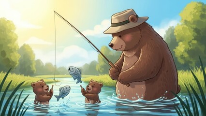 Father bear teaching cubs to fish