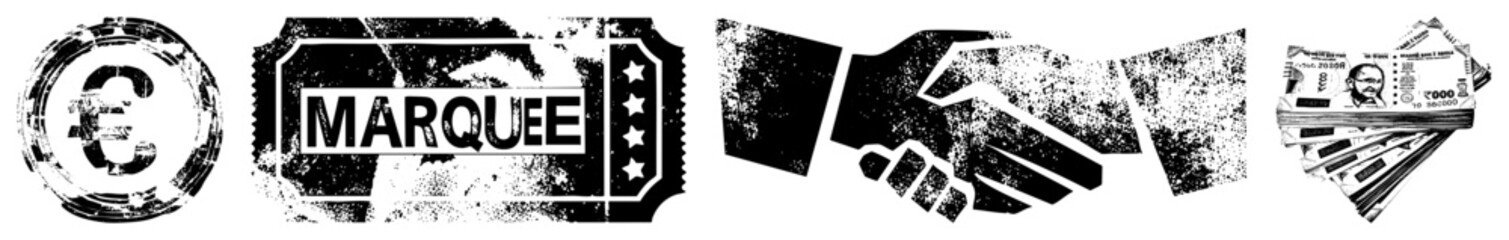 Fototapeta premium Grunge Styled Euro Currency Symbol, Marquee Sign, Handshake, and Indian Rupee Stack