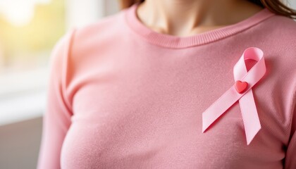 Woman wearing pink shirt with heart-shaped pink ribbon for awareness  