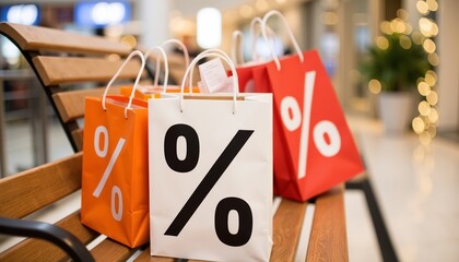 Shopping bags with percentage signs displayed on a bench in mall  