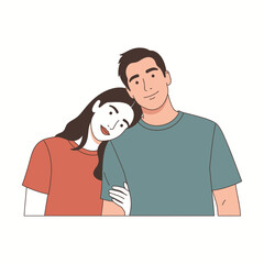 Obraz premium Romantic couple standing together smiling, casual love flat vector illustration on white background