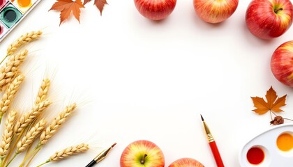 Fresh apples and autumn leaves with paint supplies on white backdrop  