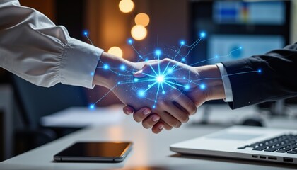 Business people shaking hands with digital connection in office  