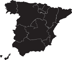 Obraz premium Simple Map of Spain with Administrative Borders and Internal Regions in Black Layout
