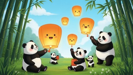Pandas holding lanterns in green meadow