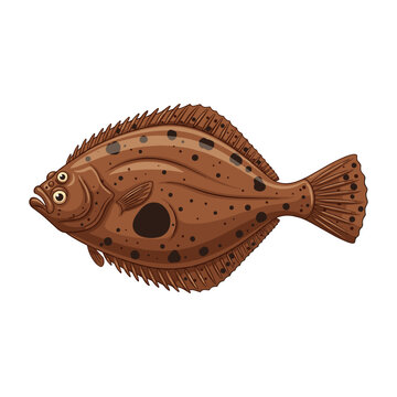 Brown flatfish with black spots on white background