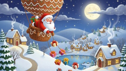 Santa delivering presents from balloon basket