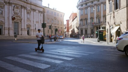 Obraz premium Blurred urban street crossing with historic stone facades and soft bokeh focus street; background copyspace backplate calm.