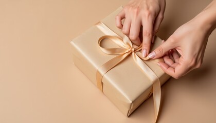 Hands tying a ribbon on a gift box in neutral background  